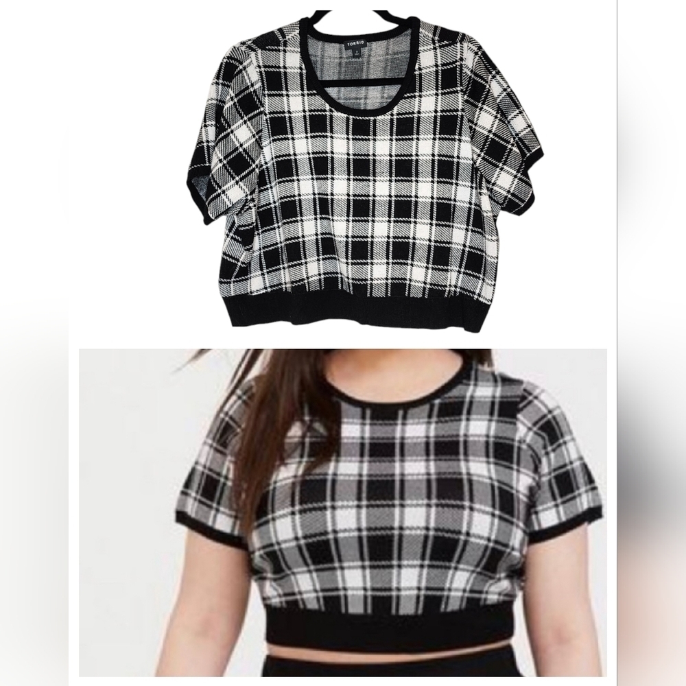 Torrid Cropped Short Sleeve Sweater Black White‎ Checkered Plaid Size 3X